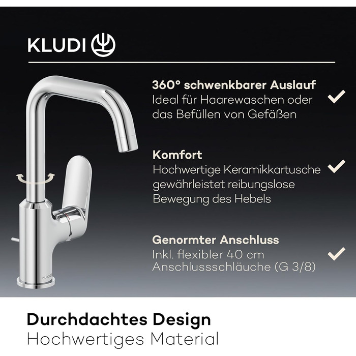 Змішувач для умивальника KLUDI-X1 з витяжною системою, поворотний на 360°, висота виливу 205 мм, водозберігаючий, розмір L, з підключенням, хром, з комплектом для зливу, хром