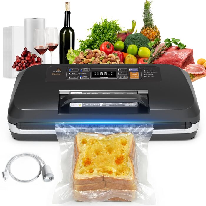Вакууматор для продуктів 12-в-1, вакуумний пакувальник з подвійним швом, вбудованим різаком та лотком для збору рідини, 95кПа, чорний