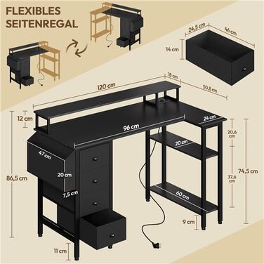 Кутовий стіл Yaheetech L-подібний з розетками 120x68 см, геймерський стіл з тримачем для монітора, 4 шухляди, 2 полиці, кишенька для зберігання, для дому/офісу (чорний)