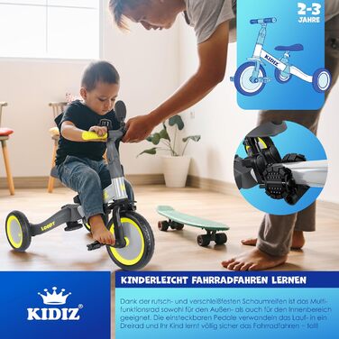 Біговел-триколіс KIDIZ 6-в-1 для дітей від 1 до 5 років (до 25 кг), сірий: з ручкою, захисним бампером, ременем безпеки, дзвінком та дзеркалом