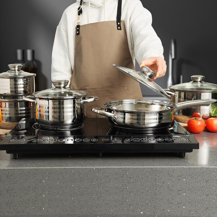 Набір каструль Swiss Pro, придатний для індукції 12 шт. - для всіх типів плит - 12 каструль і сковорідок зі сковородою, сковородою з кришкою і пластиковим термозахистом - нержавіюча сталь