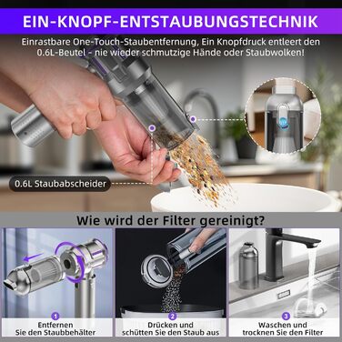 Акумуляторний ручний пилосмок 25000Па з безщітковим двигуном, 4-в-1, самоочищення, 3 режими потужності, для авто, дому та шерсті тварин, сріблясто-фіолетовий