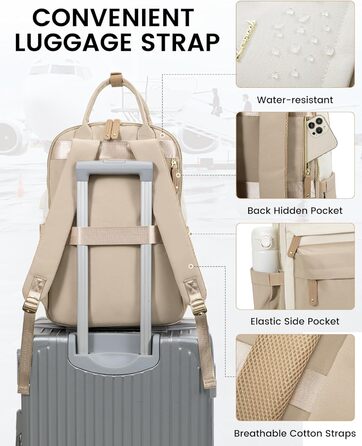 LOVEVOOK Рюкзак для жінок, 15.6 дюймів, рюкзак для ноутбука, рюкзак для подорожей, водонепроникний, сумка для роботи, рюкзак, жіноча шкільна сумка, для підлітків, дівчаток, елегантний, для школи, університету, подорожей, роботи, офісу, Бежевий, 15.6 дюймі