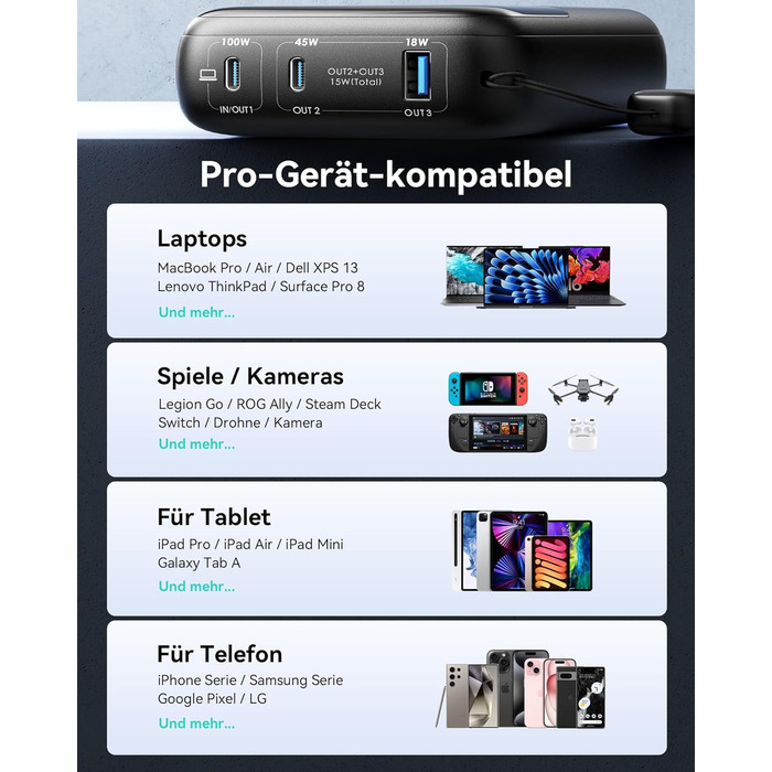 Портативний зарядний акумулятор INIU на 25000mAh, 100W, USB-C, для ноутбуків, телефонів, iPad, DJI, камер, iPhone 17/16/15/14, чорний