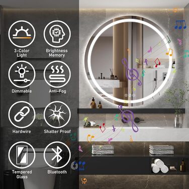 Дзеркало для ванної кімнати з підсвічуванням, 60 см, кругле, з антизапарюванням, регульоване, 3 кольори світла (80x80 см, Bluetooth, антизапар, диммування, 3 кольори)