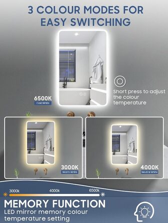 Дзеркало для ванної кімнати Habison з підсвічуванням LED, 50x70 см, сенсорне керування, регулювання кольору світла, пам'ять, протитуманне покриття, матове, без Bluetooth
