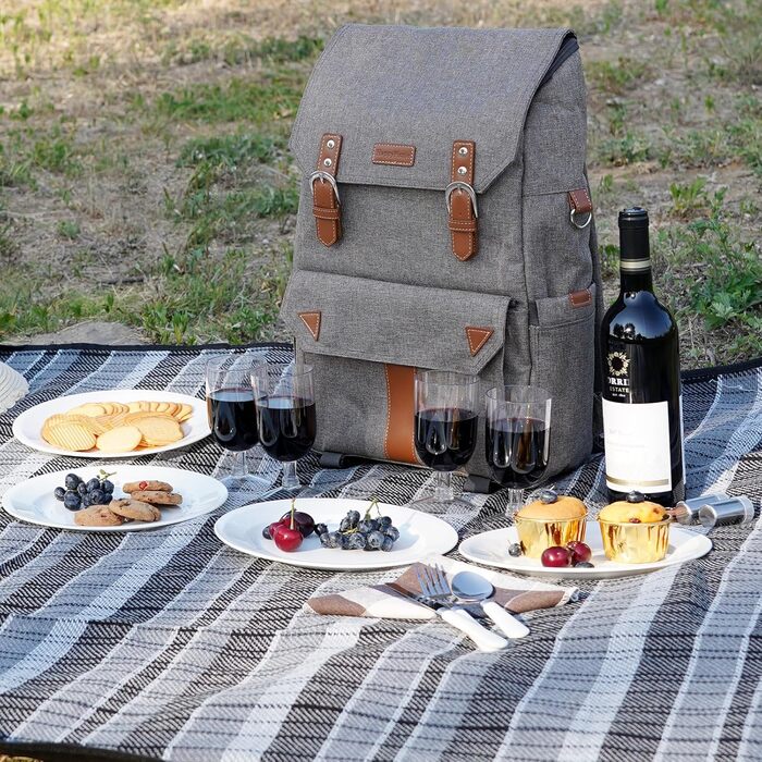 Набір для пікніка HappyPicnic з ізольованим рюкзаком, зручними тримачами для пляшок та великим водонепроникним килимком (M) з повним сервізом