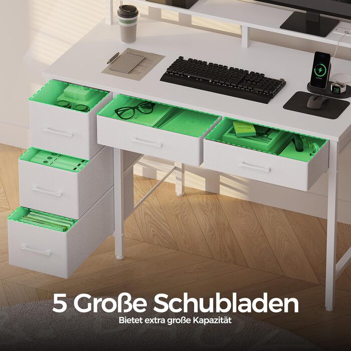Комп'ютерний стіл Seventable з розетками та LED-підсвічуванням, 100 см, ігровий стіл з 5 шухлядами, стіл для офісу, робочого кабінету, спальні, вітальні, білий