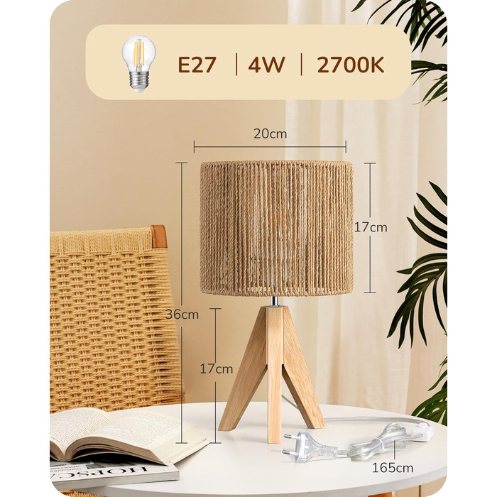 LED настільна лампа EDISHINE з абажуром з ручної роботи та дерев'яною підставкою, тепле світло 2700K, бохо-стиль для спальні, вітальні та готелю, з лампочкою E27 4W, паперовий шнур