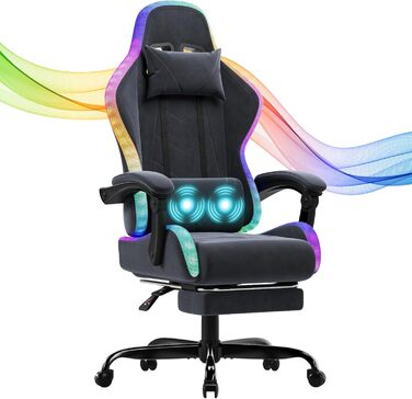 Ігровий крісло JUMMICO з тканини та LED підсвічуванням, ергономічний офісний крісло з масажем попереку та підніжкою, регулювання 90°-135°, максимальне навантаження 150 кг, колір сірий, компактний