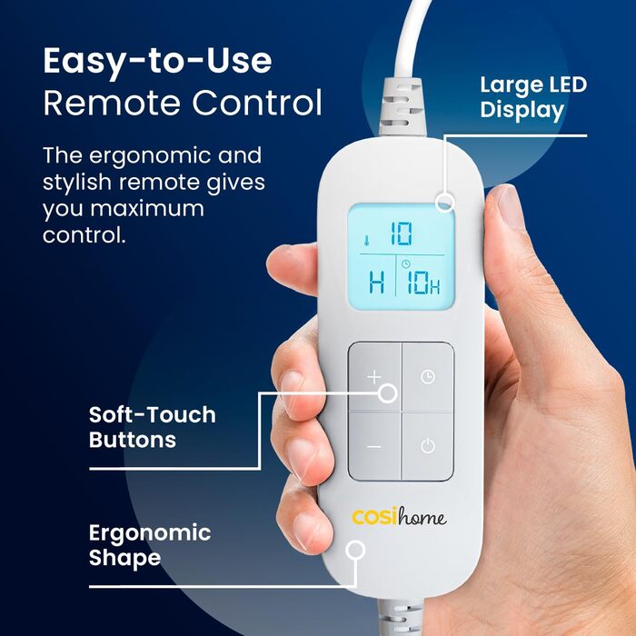 Електрична ковдра Cosi Home 180x130 см з регулюванням температури, таймером та захистом від перегріву. Зручна флісова ковдра з 10 рівнями нагріву та дистанційним керуванням. Колір: кремовий.