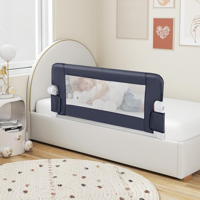 Бортик для ліжка COSTWAY складаний, захисний бар'єр для дитячого ліжка та ліжка для батьків (105x42 см, темно-сірий) з регульованими ременями та швидким складанням