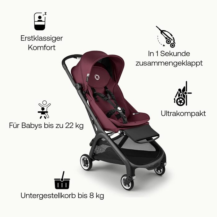Bugaboo Butterfly - ультракомпактна дитяча коляска, легка та зручна, складається одним рухом, для дітей від 6 місяців, великий об'єм багажника (Dark Cherry)