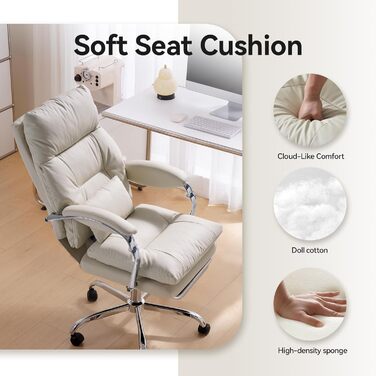 Офісний крісло EMIAH з підставкою для ніг, комфортний крісло для роботи з підлокітниками, ергономічний крісло для начальника з PU шкіри та роликами, ігровий комп'ютерний стілець з потовщеним сидінням, без функції масажу (Бежевий)