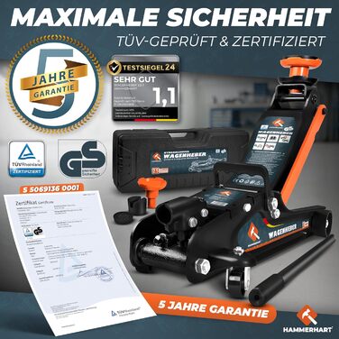 Гідравлічний домкрат HAMMERHART 3T з низьким профілем, 75-505мм, колеса 360°, подвійний поршень, гумові накладки, T-ручка - перевірена якість TÜV