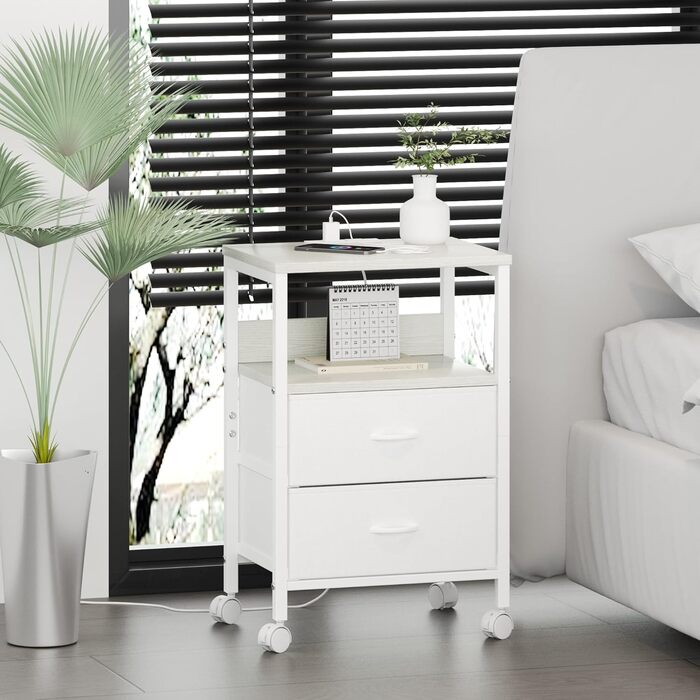 Нічний столик з ящиками та зарядкою, 2 розетки AC та 2 USB, з роликами, білий