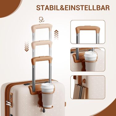 Чемодан ручної поклажі KONO з тримачем для напоїв, жорсткий, легкий, з поліпропілену, розширюваний, 4 колеса, TSA-замок, кремовий/коричневий, M