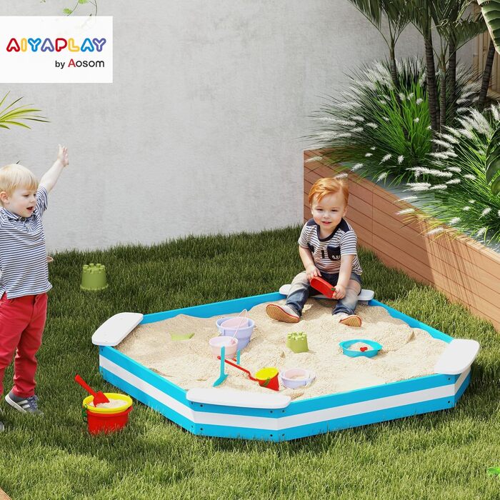 Пісочниця AIYAPLAY з дерева 133 x 108 см з лавкою, захисна плівка, блакитна, для дітей 3-7 років