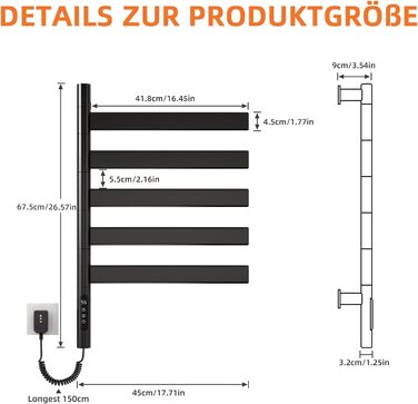 Електричний сушильник для рушників ZOYI 180° поворотний, 140W, чорний (сушарка для ванної кімнати, настінний)