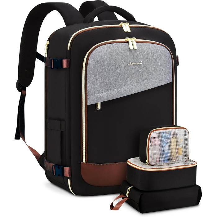 LOVEVOOK Рюкзак для ручної поклажі, дорожній рюкзак для жінок, водонепроникний, з відділенням для взуття, 17-дюймовий ноутбук, 40L, 45x36x20 см, Carry on Luggage (Чорний+сірий+коричневий)