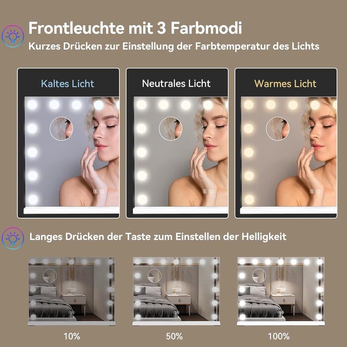 Дзеркало для макіяжу YU YUSING з підсвічуванням 58x45 см, 15 LED, 3 кольори, збільшення 10x, USB Type-C, RGB