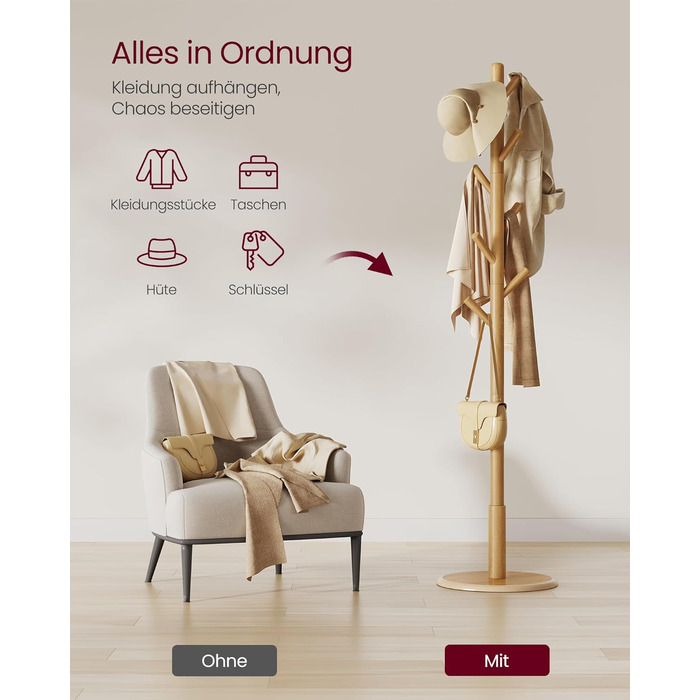 Стійка для одягу VASAGLE, дерев'яна, для вішалок та аксесуарів, 8 гачків, для прихожей, RCR010B01 (натуральний беж)