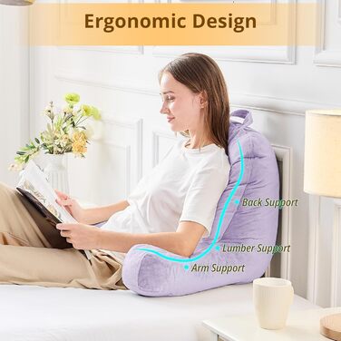 Підкуштуник Sasttie з велюровою спинкою, подушка для підтримки спини для дорослих з підлокітниками, для читання в ліжку, на дивані, на підлозі, в гуртожитку, аксесуар для читання, персиковий (18 дюймів, лаванда)