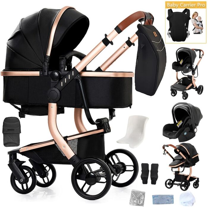 Дитяча коляска 3 в 1 Kinderwagen, 0-4 роки, чорна, з автокріслом та аксесуарами