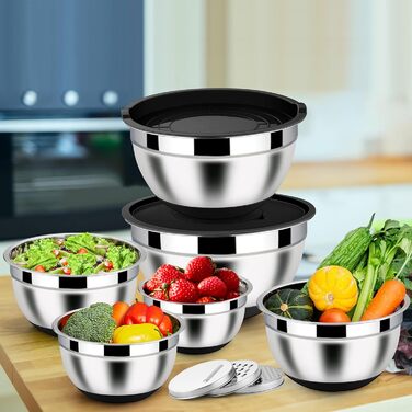 Набір місок Homikit з нержавіючої сталі, 6 шт. з тертками, кришкою та силіконовим дном, 4.6/2.8/2.5/1.6/1.2/0.7 л, чорний