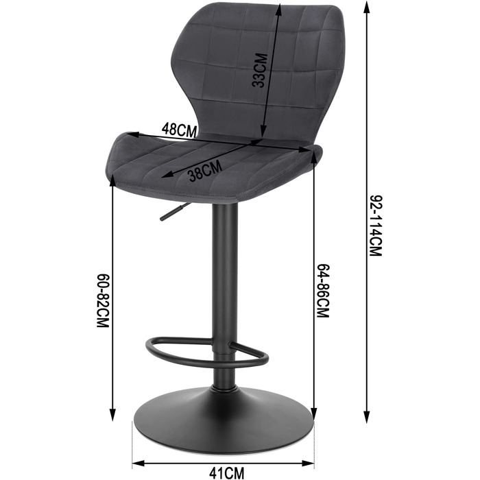 Стілець WOLTU Bar регульований по висоті 60-82 см, поворотний, зі спинкою, оксамитовий, темно-сірий