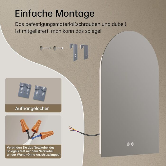 Дзеркало для ванної кімнати OUMUSU з підсвічуванням, 50x75 см, без рами, арочне, антизапотівальне, сенсорне керування, диммування, 3 кольори світла