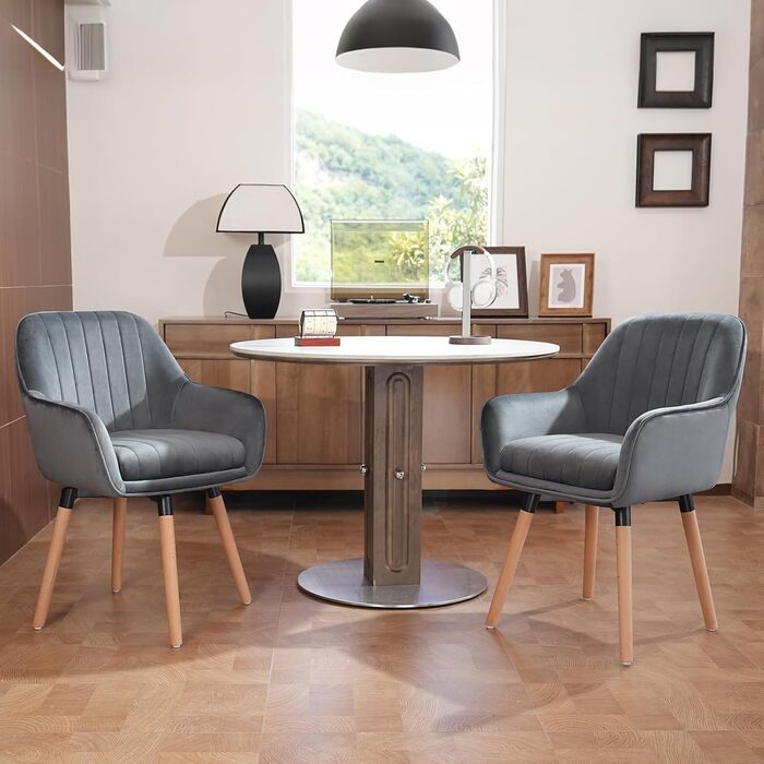 Крісла для їдальні ELUCHANG (2 шт), 360° обертання, товста подушка 10 см, високі підлокітники, сірий велюр, до 150 кг, для спальні, кухні, вітальні