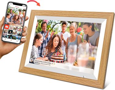 Цифровий фоторамка Cytem 10.1 дюйма з Wi-Fi, 32GB, сенсор руху, IPS 16:10, сенсорне управління, коричневе дерево, FrameO Software