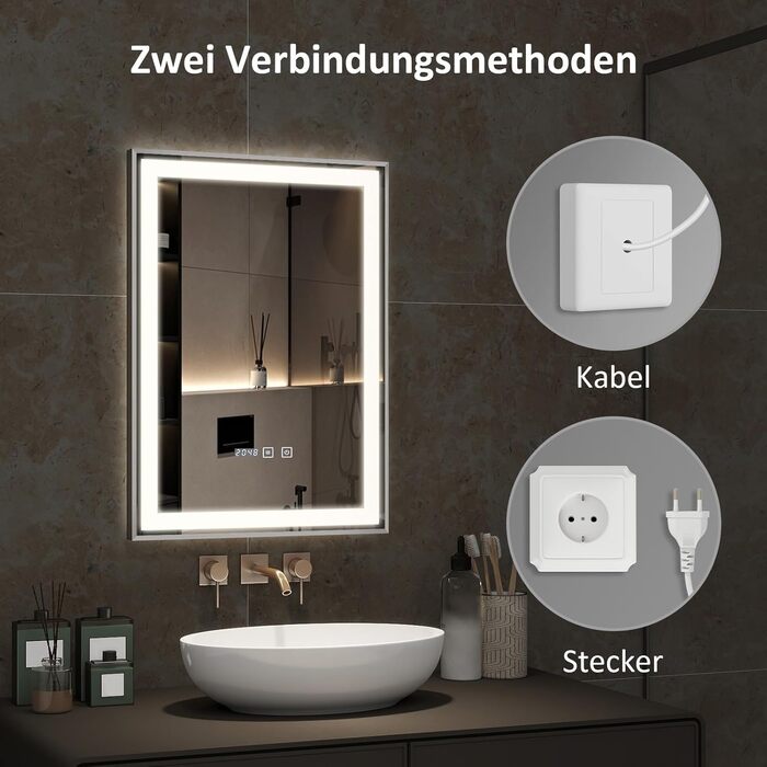 Дзеркало для ванної кімнати YOURLITE з підсвічуванням, 85x55 см, LED, сенсорне керування, 3 кольори світла, регулювання яскравості, антизапар, горизонтальне/вертикальне, IP44, білий (Silver-5070)