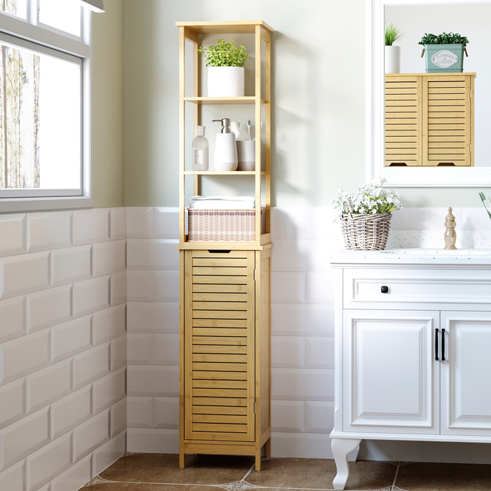 Шафа Kleankin Badschrank Bambus, 34 x 30 x 173 см, з 3 відкритими полицями та 1 шафкою, захист від перекидання, отвір для ручки, вільного стояння, для маленьких приміщень, натуральний колір | Aosom