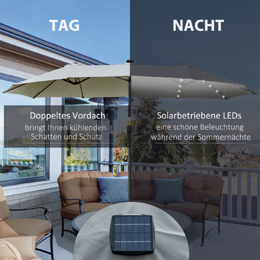 Outsunny Parasol зі світлодіодною сонячною 4,5-метровою подвійною парасолькою Garden Parasol овальної форми світло-сірого чорного кольору для патіо та саду