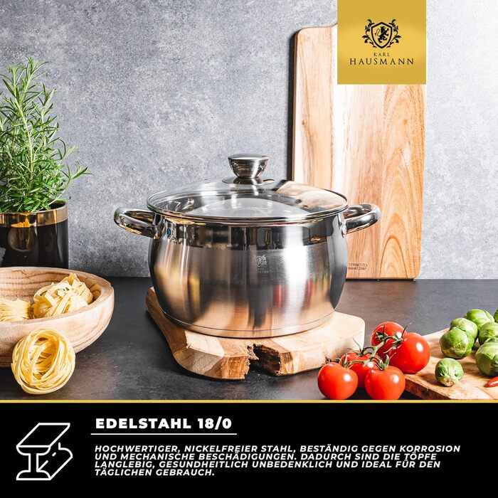Набір каструль Karl Hausmann 3 шт. з нержавіючої сталі для індукційних та інших плит з кришкою з термостійкого скла та мірною шкалою