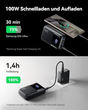 Вт 25000 мАг, маленький і потужний, USB C, сумісний з MacBook, iPhone, Steam Deck, чорний, 100