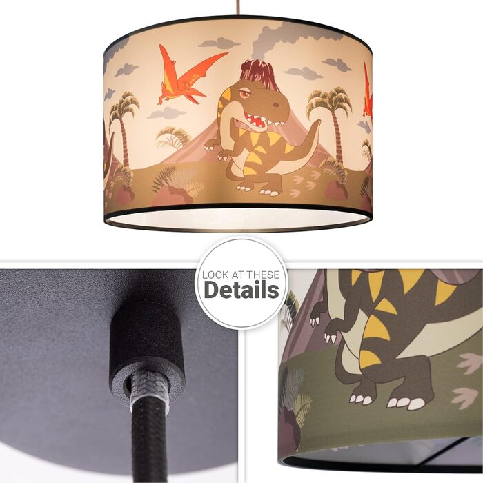Підвісна лампа дівчинка хлопчик стельовий світильник дитяча кімната лампа тканина E27 абажур джунглі тварини 1,5 м текстильний кабель скорочується динозавр дино