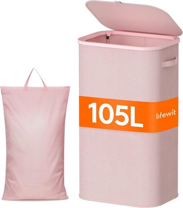 Кошик для білизни з кришкою Lifewit, 105л, рожевий, з міцним пластиковим каркасом, великий, складний, для спальні, ванної кімнати