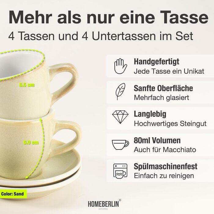 Набір еспресо-чашок HomeBerlin Barista Pro - 4 шт. по 80 мл з підставками - преміум якість, ручна робота