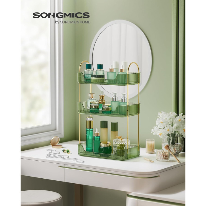 Органайзер для макіяжу SONGMICS, 2 види аксесуарів, косметичний органайзер 3 яруси, прямокутний, настроюється, зберігання туалетного столика, ідея для подарунка, JKA013A01 (світло-зелений)