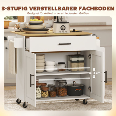 Острів для кухні HOMCOM, кухонний візок на колесах, зі складним робочим столом, ящик для зберігання, полиця, 120 x 68 x 85 см, білий