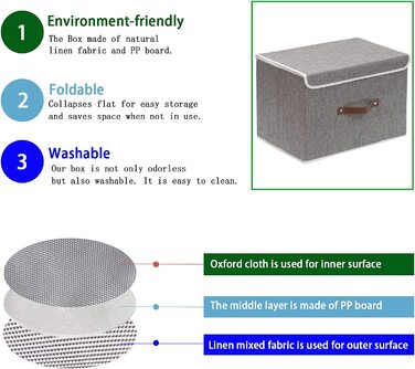 Ящики для зберігання OUTBROS з 3 предметів з кришками, 38 x 25 x 25 см, складні тканинні ящики, кошики для зберігання, органайзери для іграшок, одягу, книг, ST02BGS3 (Сірий, дуже великий(1 упаковка))