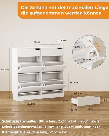 Шкаф для взуття IRONCK з 4 дверцятами, вузький, з 2 висувними ящиками, окремо розташований, з регульованими перегородками, для передпокою, входу та вітальні (Білий) 100*23.5*98 см, Білий