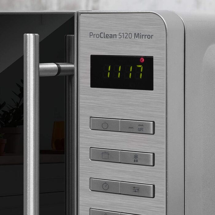 Мікрохвильова піч Cecotec Pro Clean 5120 Mirror 20 л, 700 Вт, гриль 800 Вт, дзеркальні дверцята, 8 програм, цифрова, Ready 2 Clean, 3D-хвиля, таймер 60 хв, LED, нержавійка