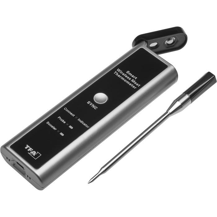Бездротовий термометр для м'яса TFA Dostmann SMART BBQ з дальністю 70 м, для гриля/духовки/фритюрниці, миється в посудомийній машині, чорно-сірий