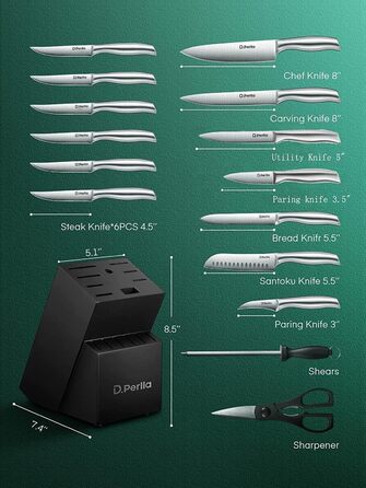 Набір кухонних ножів D.Perlla 16 предметів з бруском, професійний, нержавіюча сталь, чорний