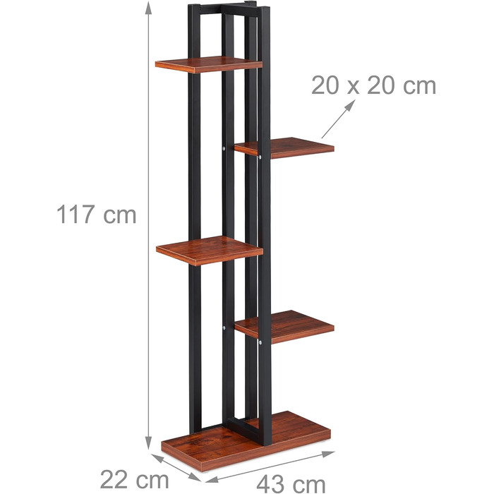 Полиця для рослин Relaxdays, квіткові сходи з 5 полицями, 117x43x22 см, сталь/МДФ, темно-коричневий