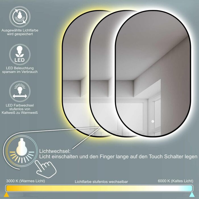 Дзеркало для ванної кімнати LED HOKO Design Turin овальне 45x75 см, чорний матовий каркас, сенсорне керування, зміна кольору світла (тепле/холодне/нейтральне)